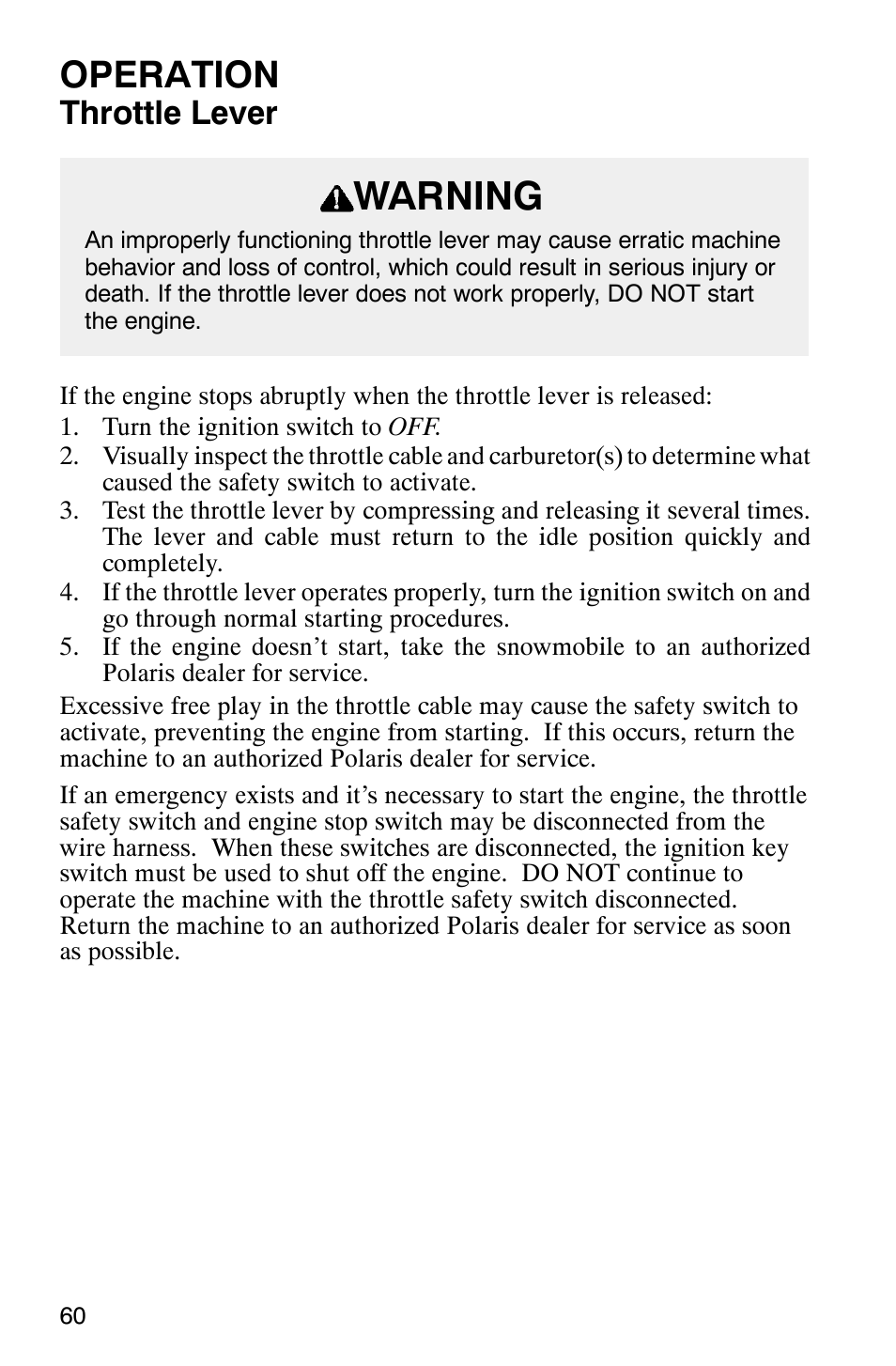 Warning, Operation, Throttle lever | Polaris 800 Switchback User Manual | Page 62 / 127