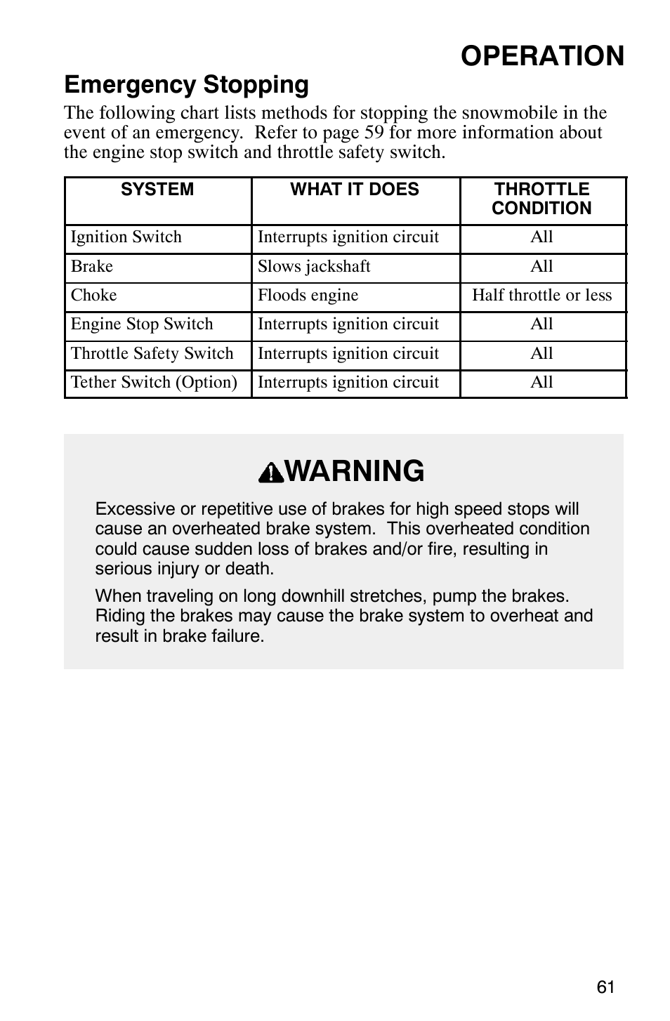 Warning, Operation, Emergency stopping | Polaris 800 Switchback User Manual | Page 63 / 127