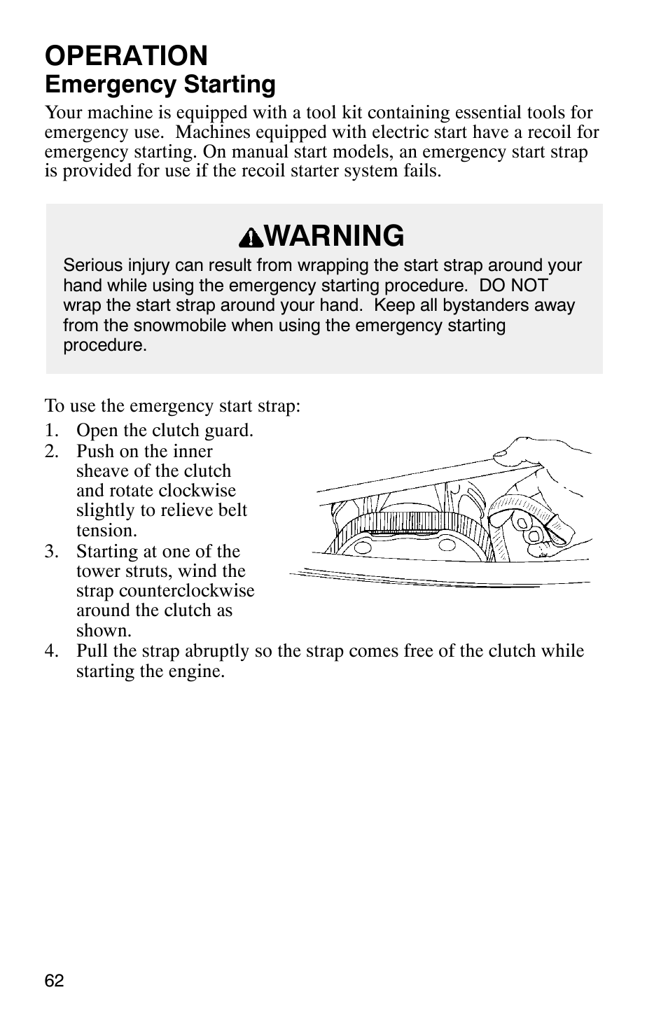 Warning, Operation, Emergency starting | Polaris 800 Switchback User Manual | Page 64 / 127