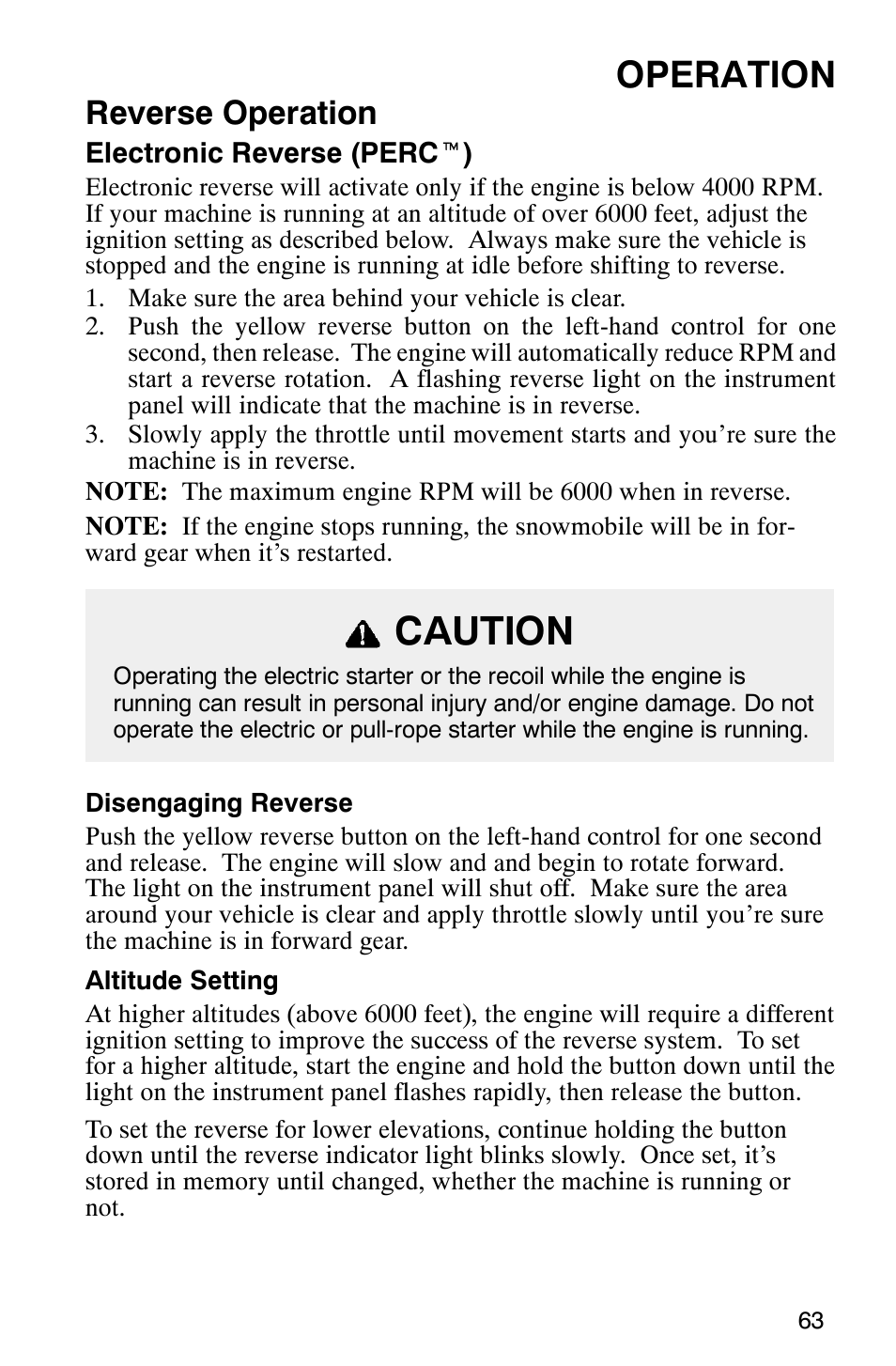 Caution, Operation, Reverse operation | Polaris 800 Switchback User Manual | Page 65 / 127