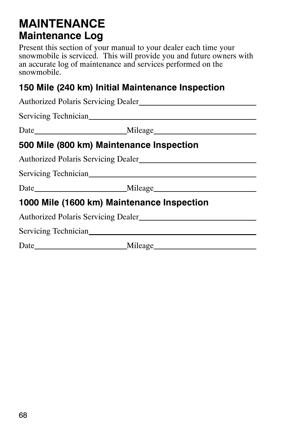 Maintenance, Maintenance log | Polaris 800 Switchback User Manual | Page 70 / 127