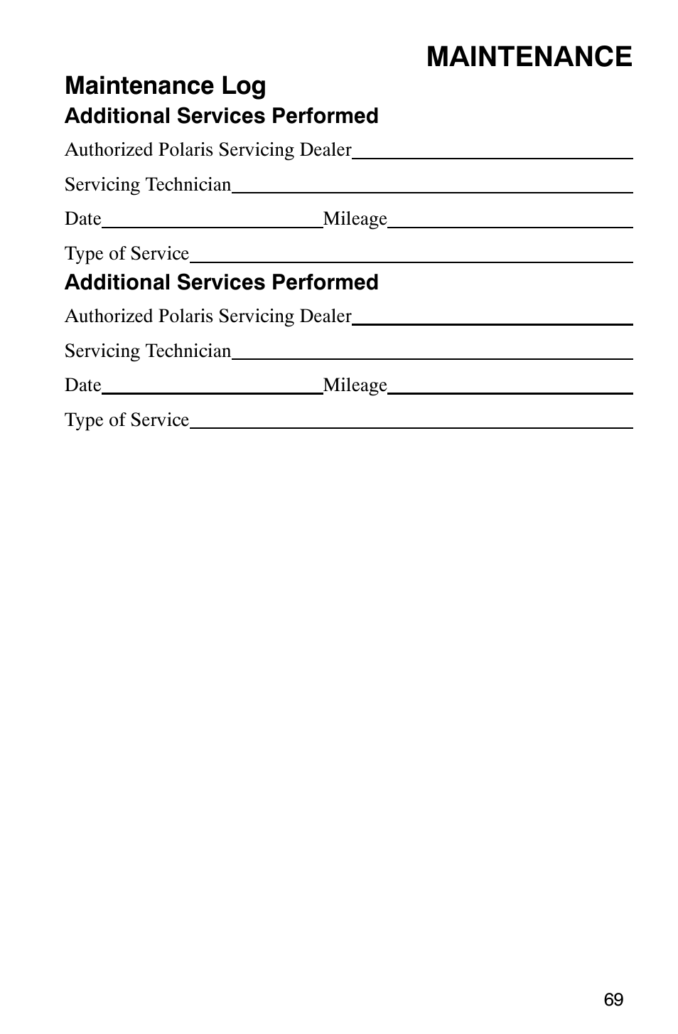 Maintenance, Maintenance log | Polaris 800 Switchback User Manual | Page 71 / 127