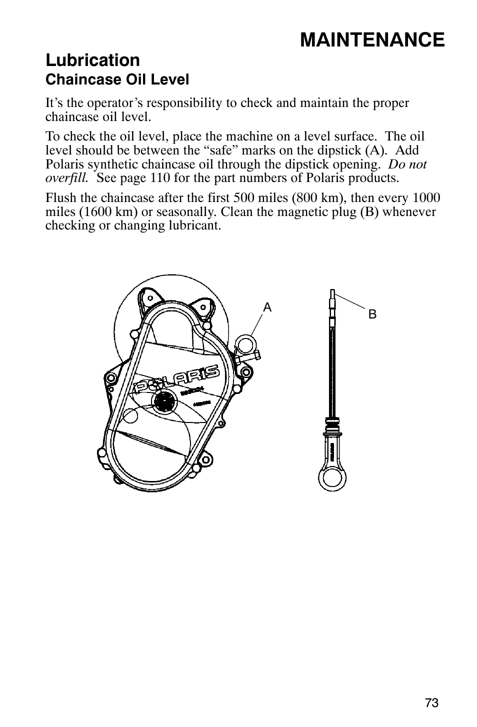 Maintenance, Lubrication | Polaris 800 Switchback User Manual | Page 75 / 127