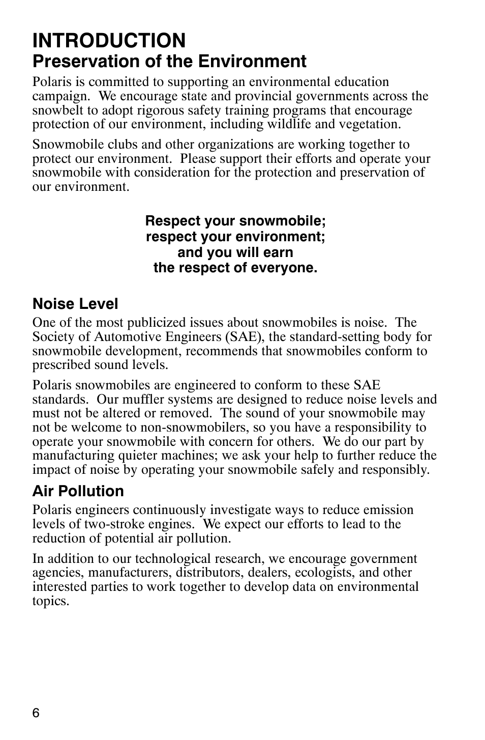 Introduction, Preservation of the environment | Polaris 800 Switchback User Manual | Page 8 / 127