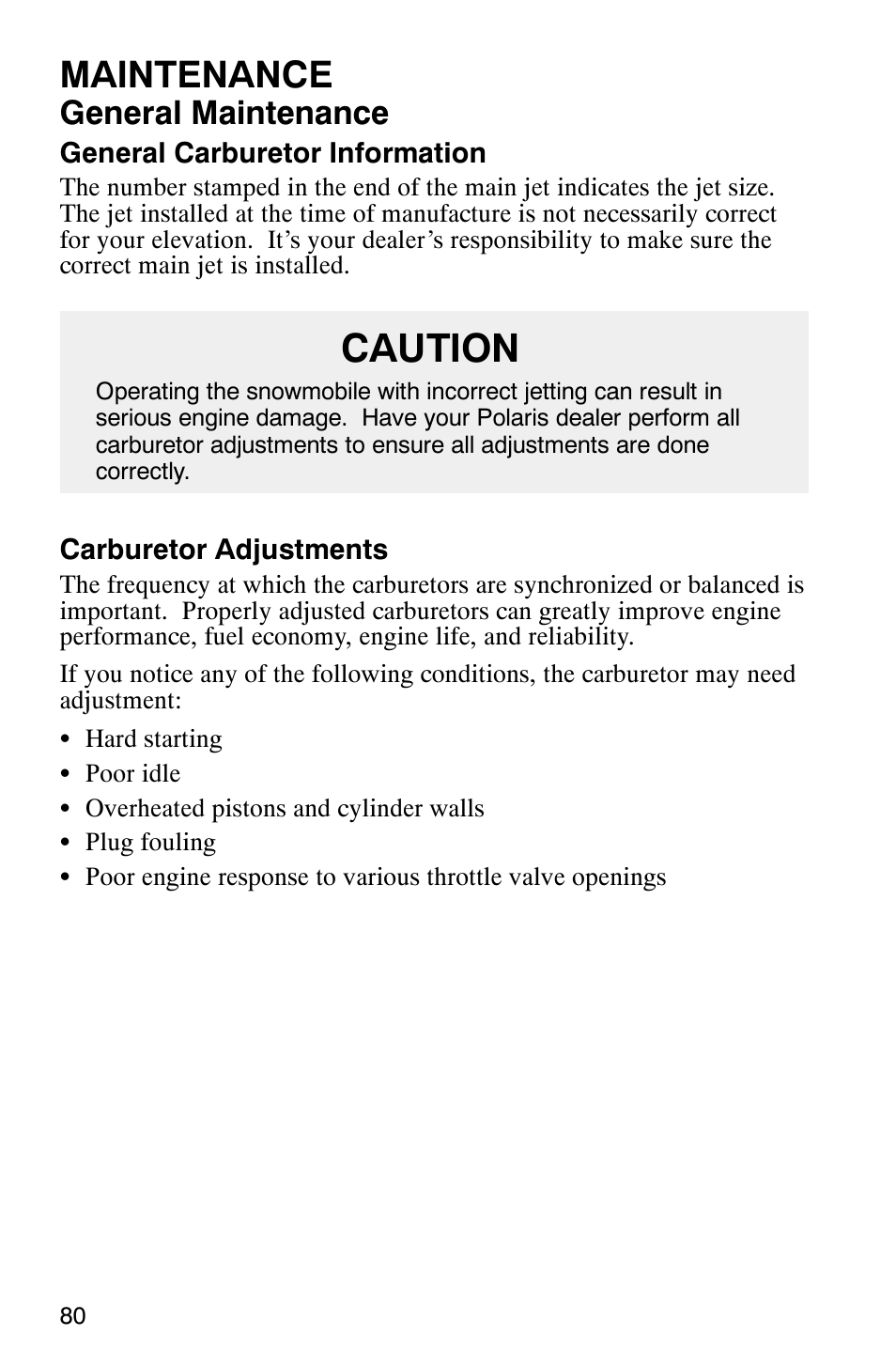 Caution, Maintenance, General maintenance | Polaris 800 Switchback User Manual | Page 82 / 127