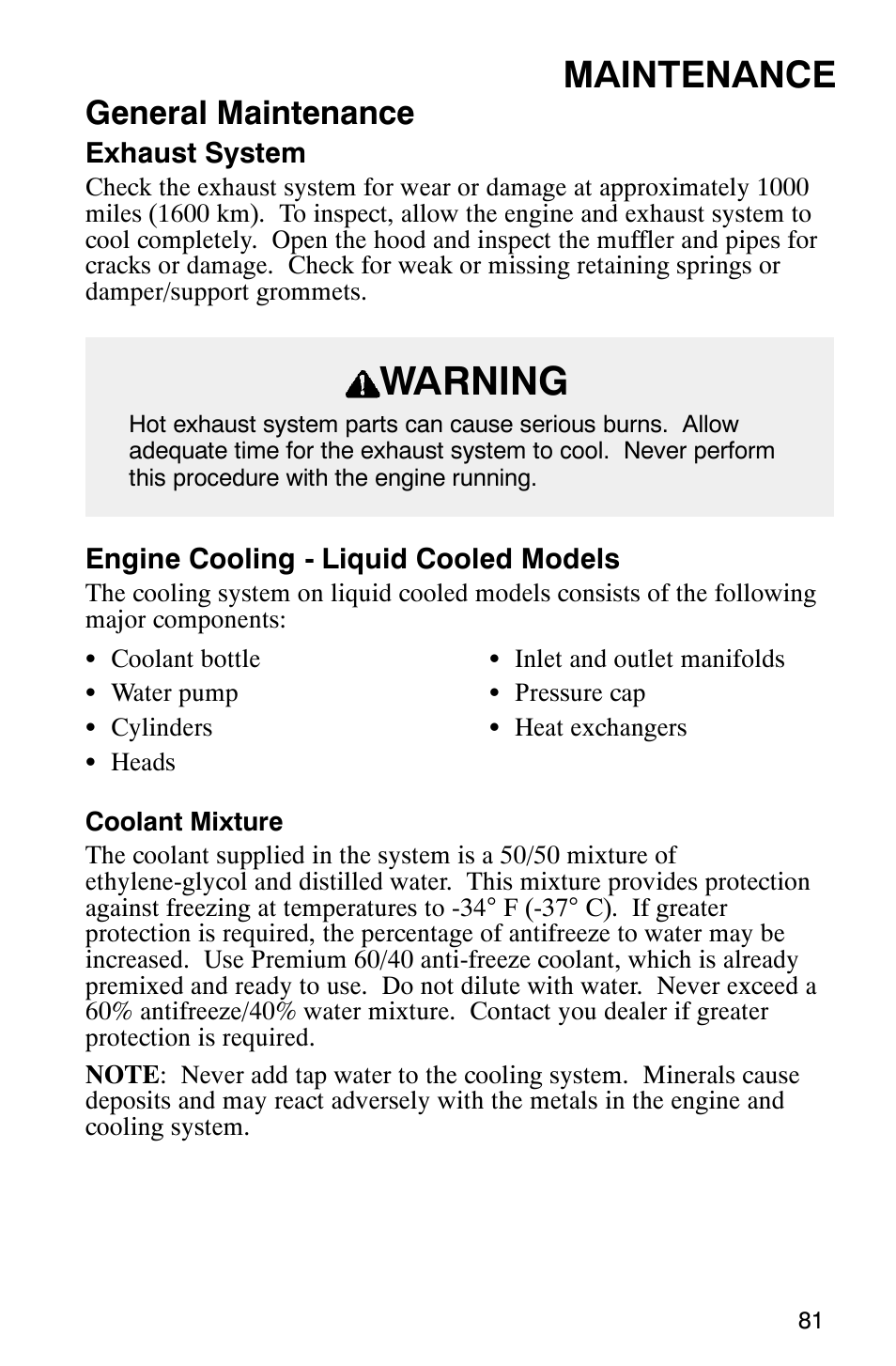 Warning, Maintenance, General maintenance | Polaris 800 Switchback User Manual | Page 83 / 127