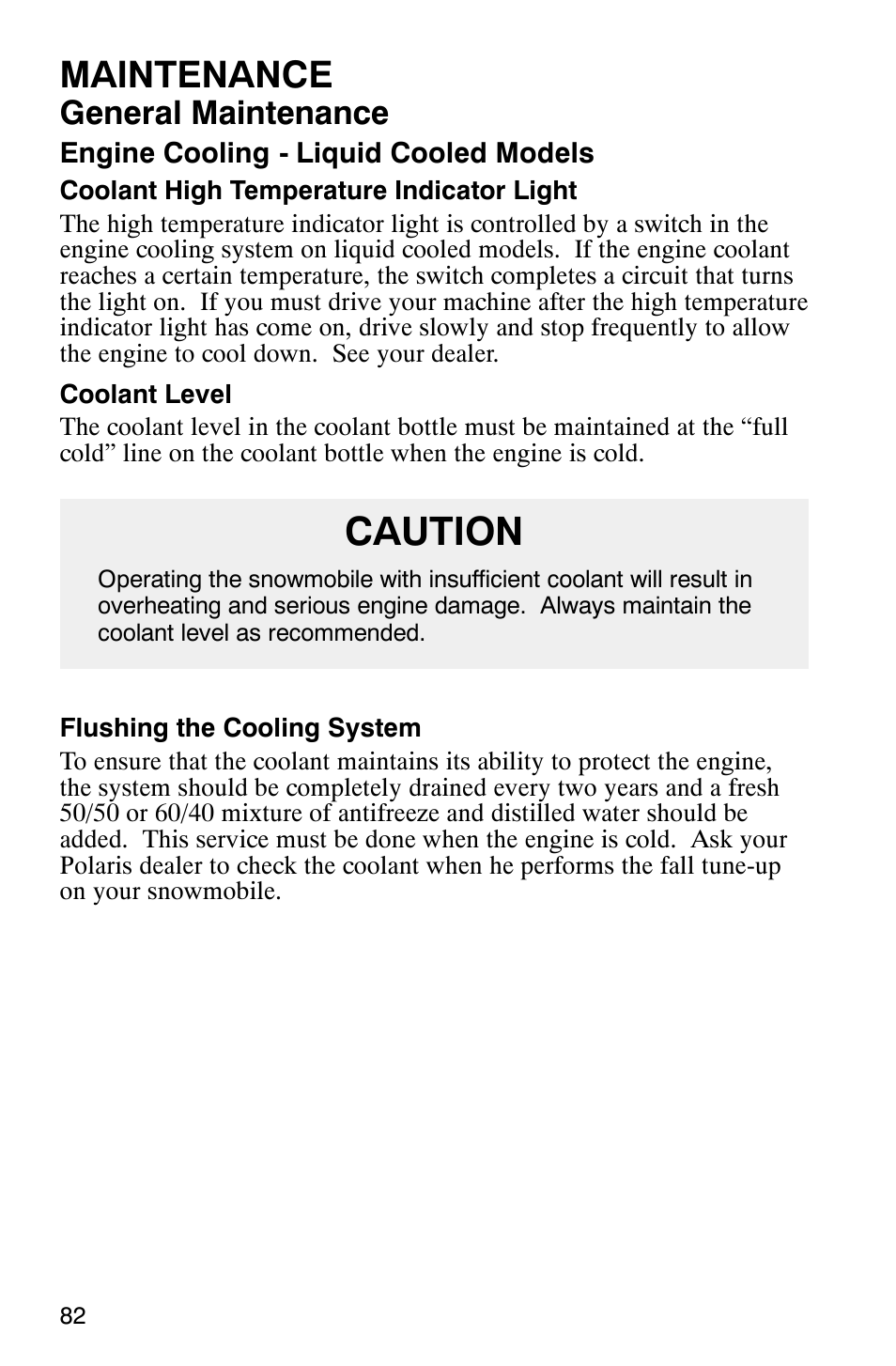 Caution, Maintenance, General maintenance | Polaris 800 Switchback User Manual | Page 84 / 127