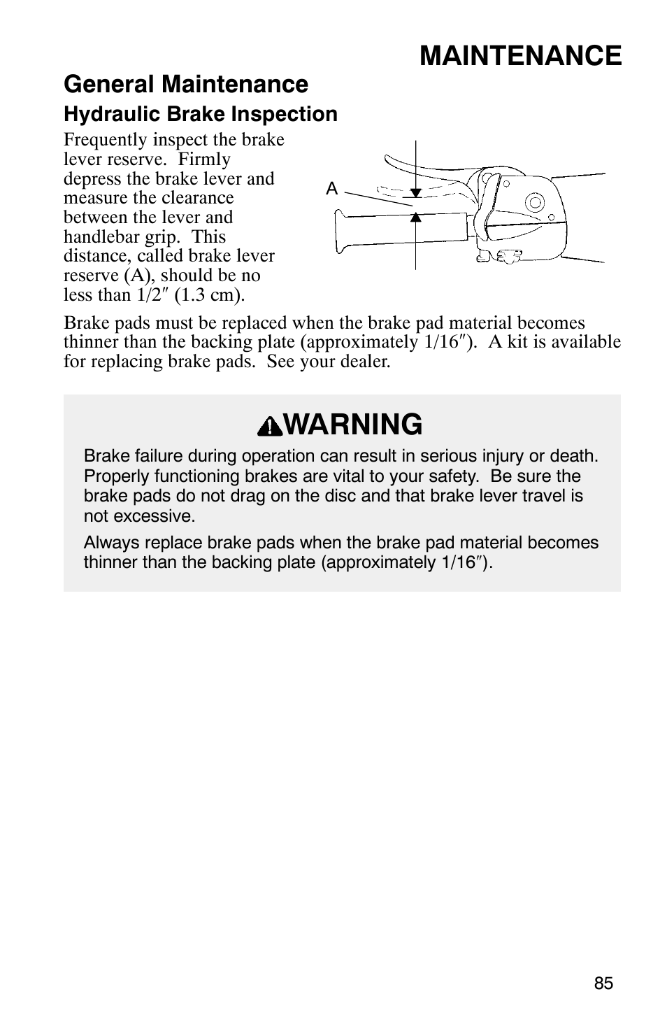 Warning, Maintenance, General maintenance | Polaris 800 Switchback User Manual | Page 87 / 127