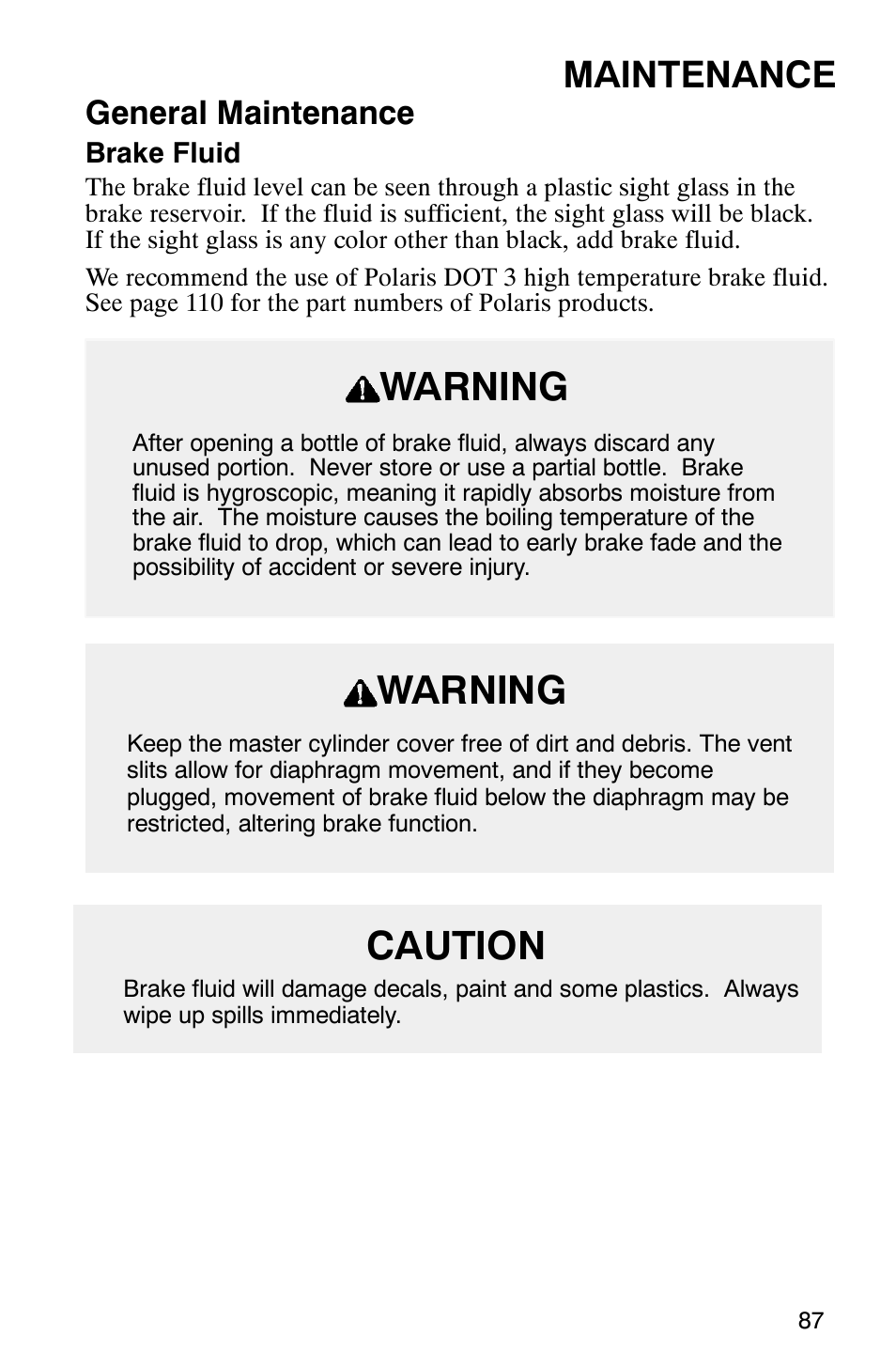 Warning, Caution, Maintenance | General maintenance | Polaris 800 Switchback User Manual | Page 89 / 127