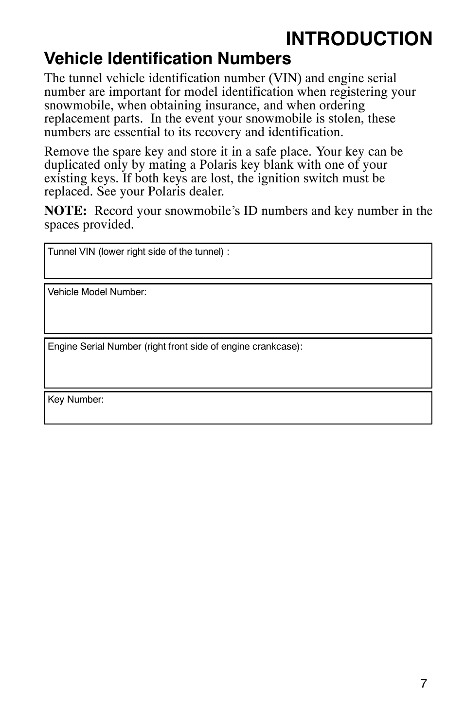 Introduction, Vehicle identification numbers | Polaris 800 Switchback User Manual | Page 9 / 127