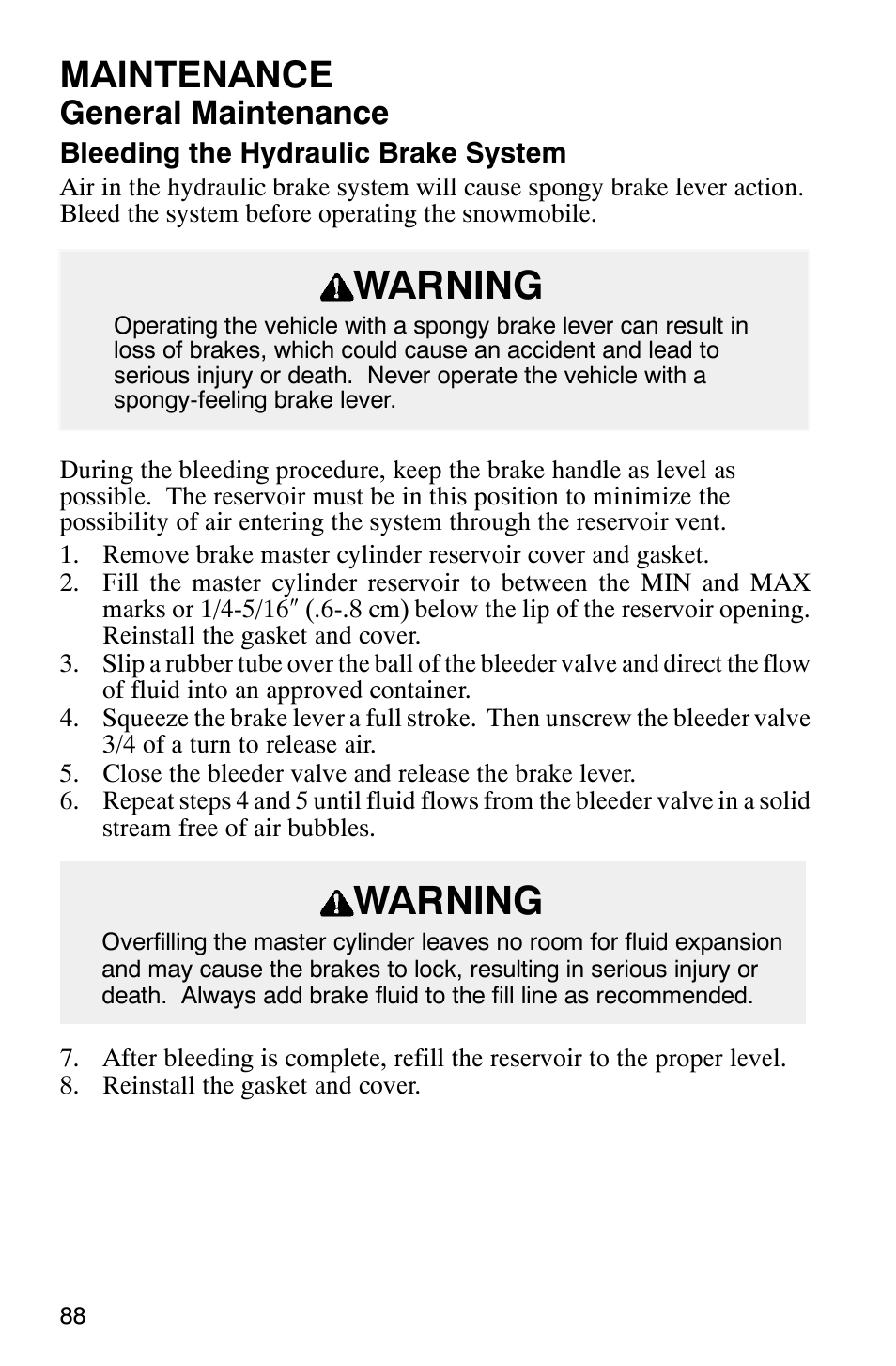 Warning, Maintenance, General maintenance | Polaris 800 Switchback User Manual | Page 90 / 127