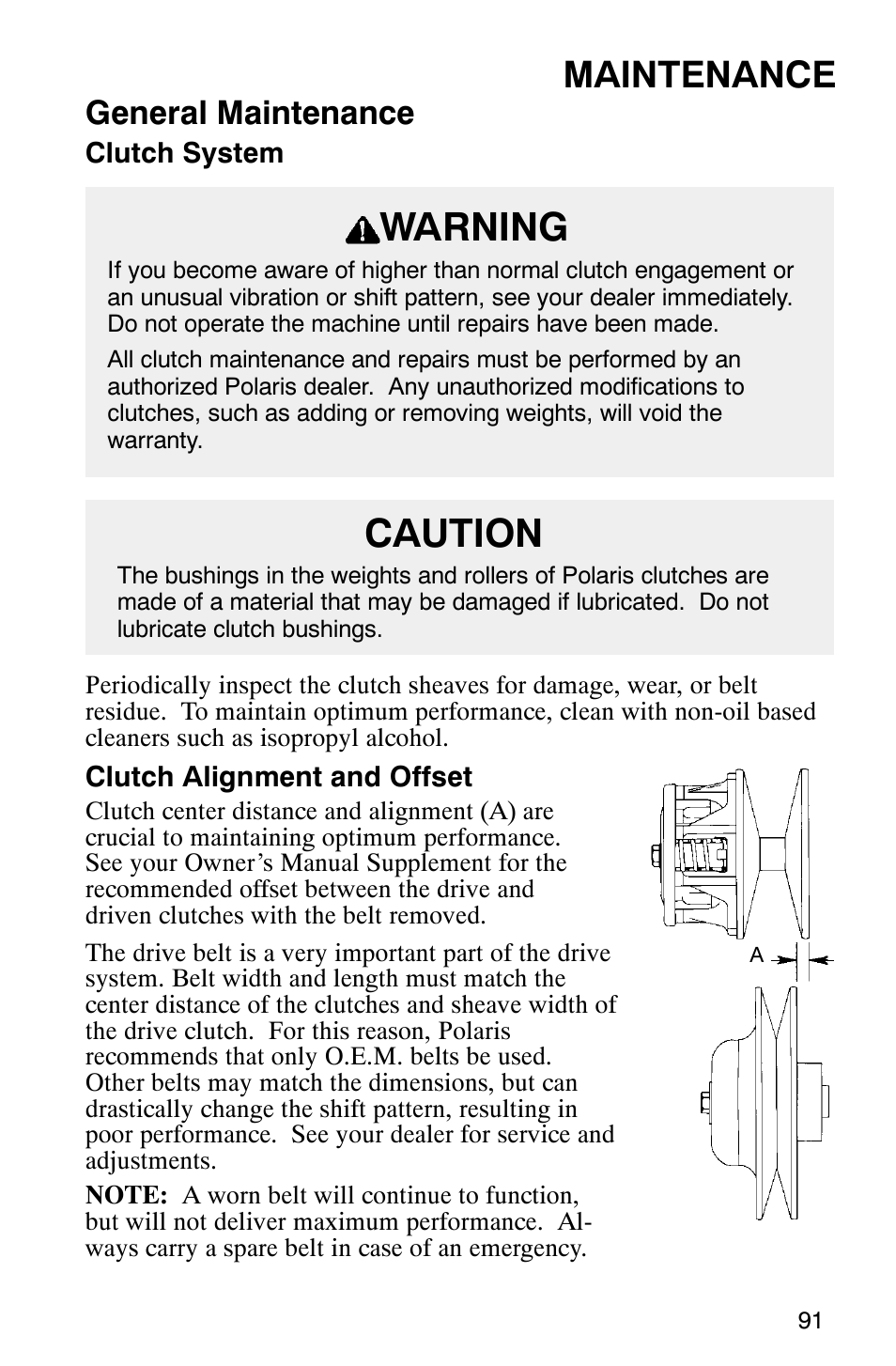 Warning, Caution, Maintenance | General maintenance | Polaris 800 Switchback User Manual | Page 93 / 127