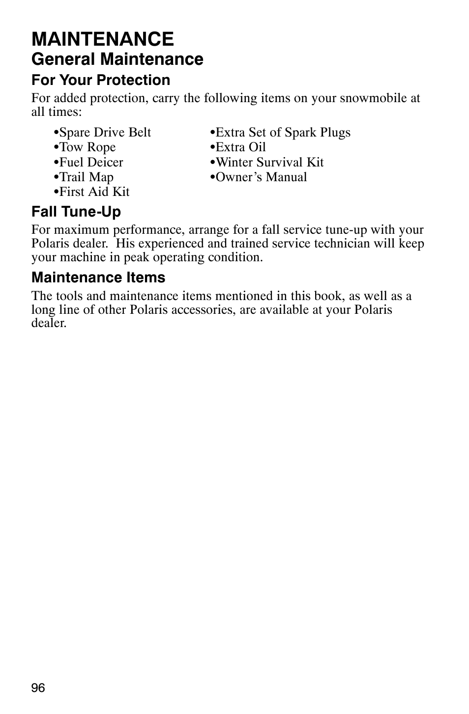 Maintenance, General maintenance | Polaris 800 Switchback User Manual | Page 98 / 127