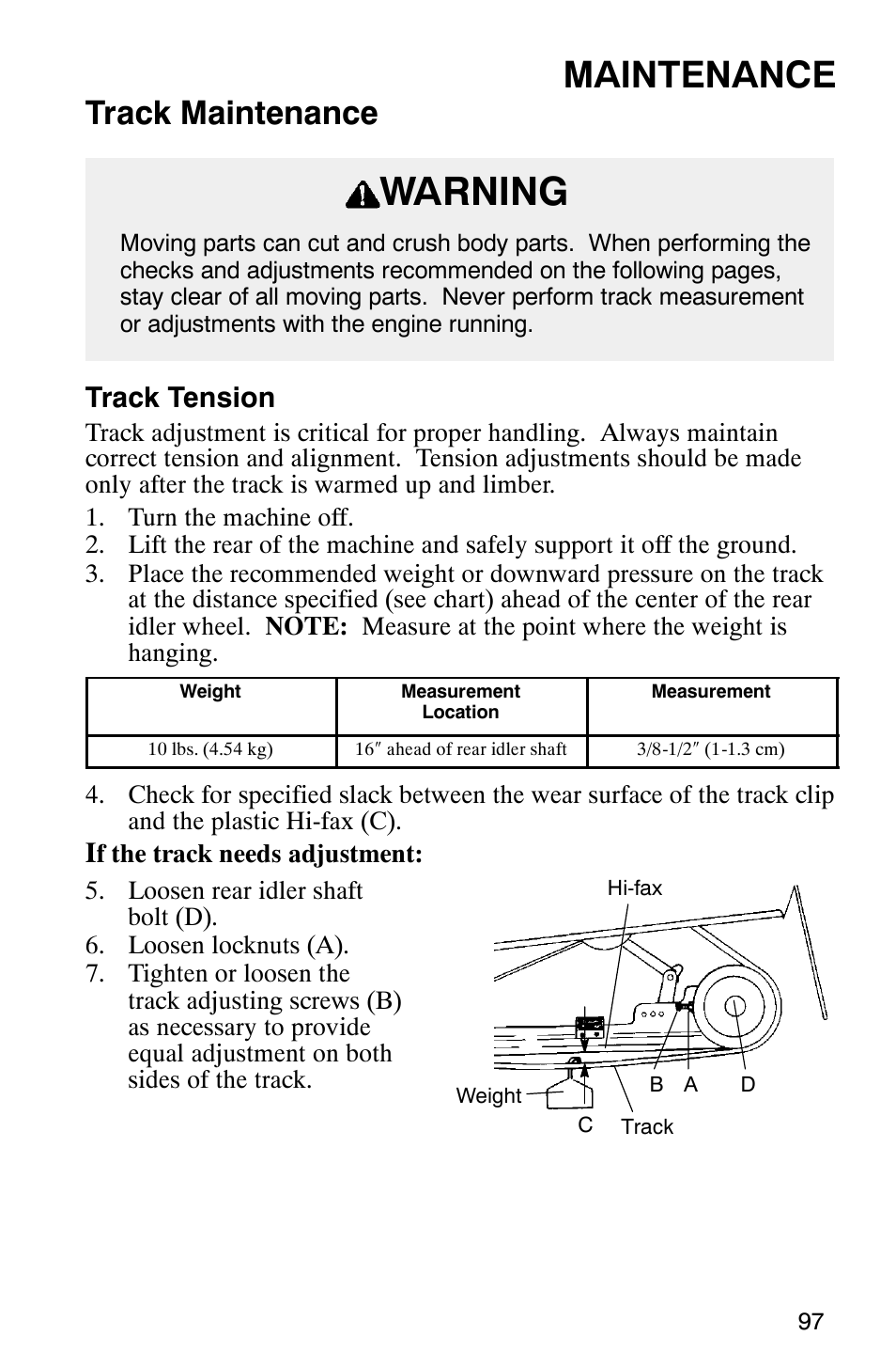 Warning, Maintenance, Track maintenance | Track tension | Polaris 800 Switchback User Manual | Page 99 / 127