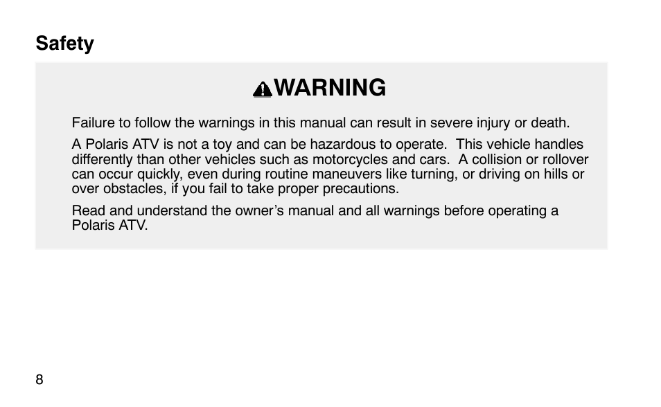 Warning, Safety | Polaris Scrambler 50 User Manual | Page 10 / 186