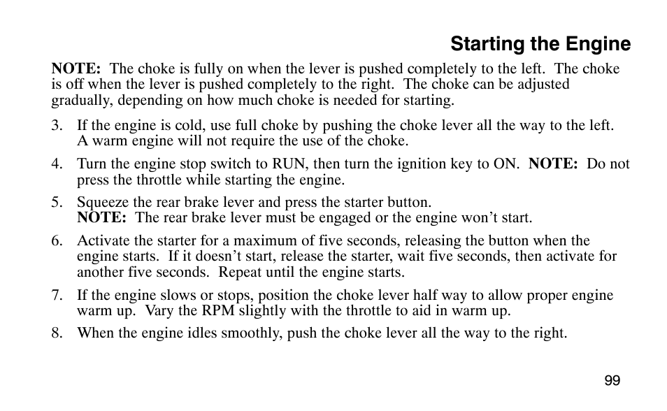 Starting the engine | Polaris Scrambler 50 User Manual | Page 101 / 186
