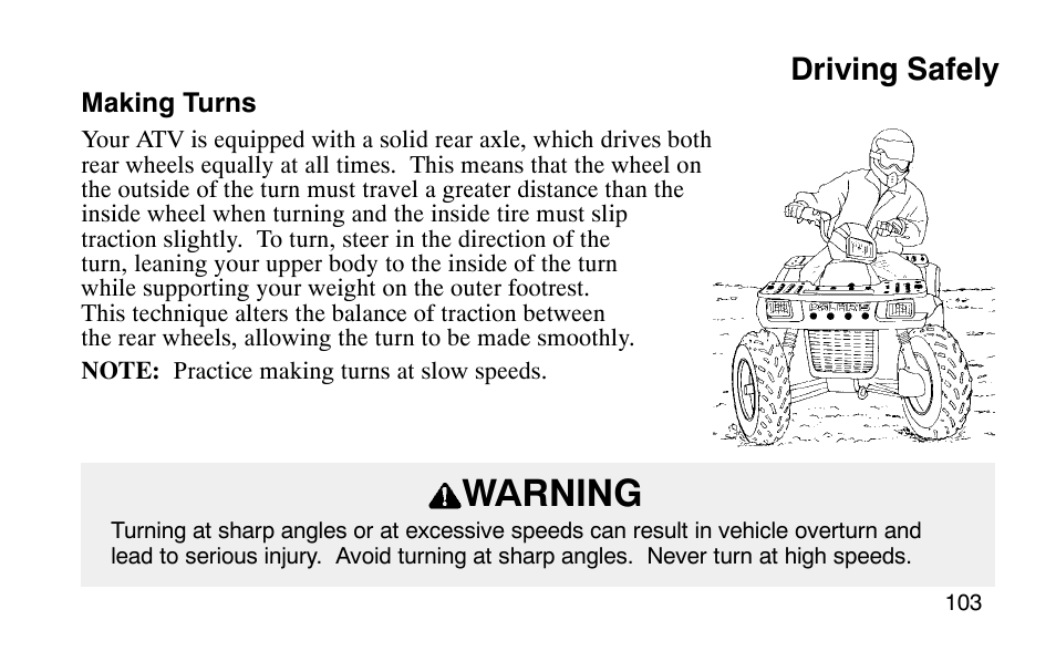Warning, Driving safely | Polaris Scrambler 50 User Manual | Page 105 / 186