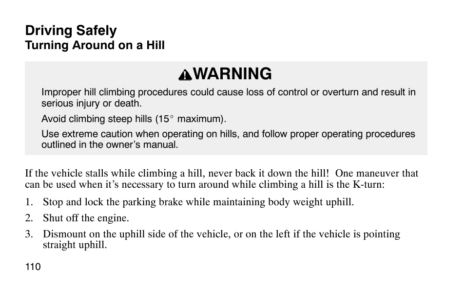 Warning, Driving safely | Polaris Scrambler 50 User Manual | Page 112 / 186