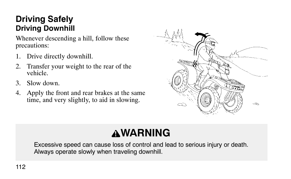 Warning, Driving safely | Polaris Scrambler 50 User Manual | Page 114 / 186