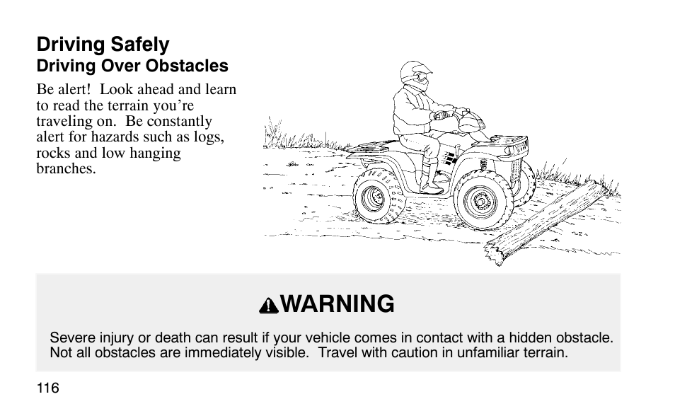 Warning, Driving safely | Polaris Scrambler 50 User Manual | Page 118 / 186