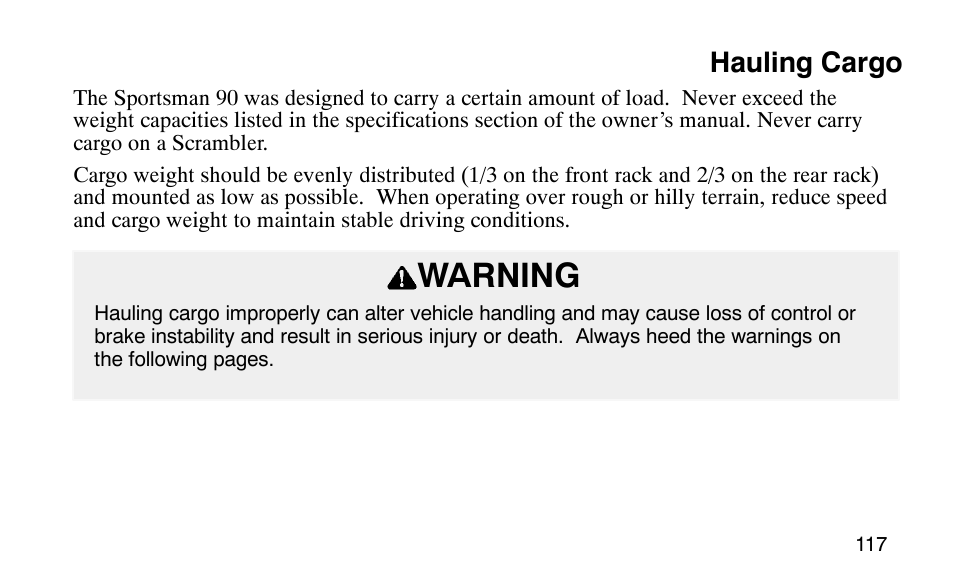 Warning, Hauling cargo | Polaris Scrambler 50 User Manual | Page 119 / 186