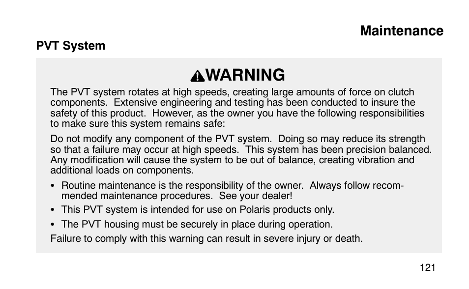 Warning, Maintenance | Polaris Scrambler 50 User Manual | Page 123 / 186