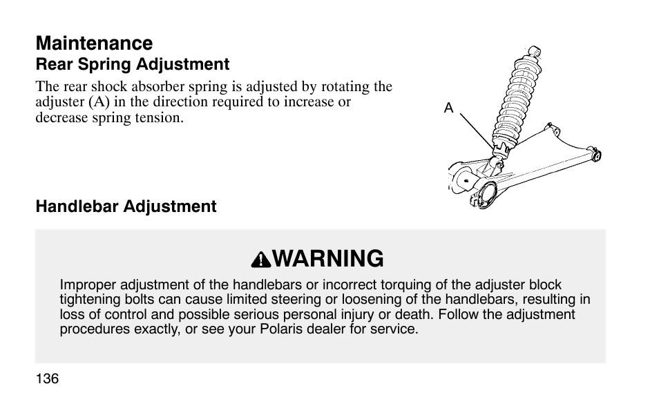 Warning, Maintenance | Polaris Scrambler 50 User Manual | Page 138 / 186
