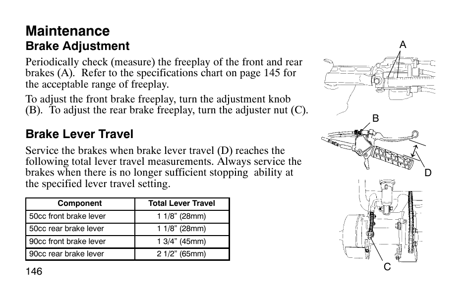 Maintenance, Brake adjustment, Brake lever travel | Polaris Scrambler 50 User Manual | Page 148 / 186