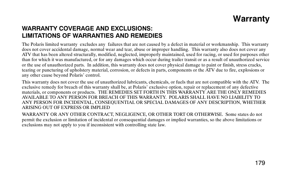 Warranty | Polaris Scrambler 50 User Manual | Page 181 / 186