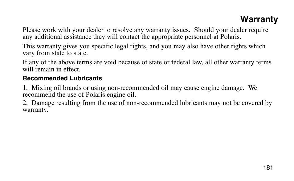 Warranty | Polaris Scrambler 50 User Manual | Page 183 / 186