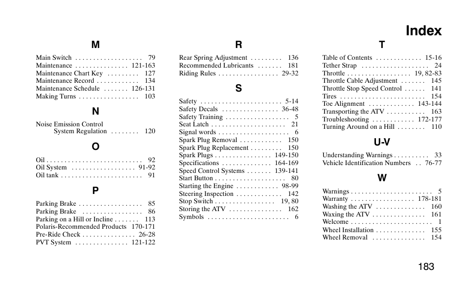 Index | Polaris Scrambler 50 User Manual | Page 185 / 186