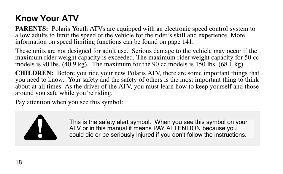 Know your atv | Polaris Scrambler 50 User Manual | Page 20 / 186