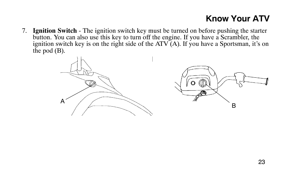 Know your atv | Polaris Scrambler 50 User Manual | Page 25 / 186