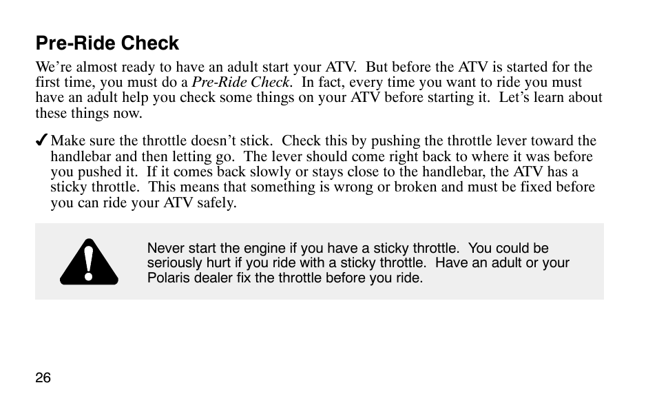 Pre-ride check | Polaris Scrambler 50 User Manual | Page 28 / 186
