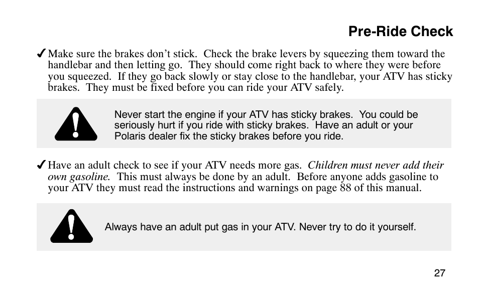 Pre-ride check | Polaris Scrambler 50 User Manual | Page 29 / 186