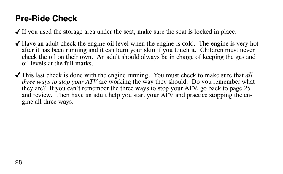 Pre-ride check | Polaris Scrambler 50 User Manual | Page 30 / 186