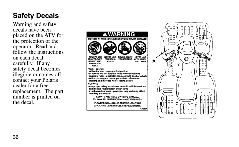 Safety decals | Polaris Scrambler 50 User Manual | Page 38 / 186