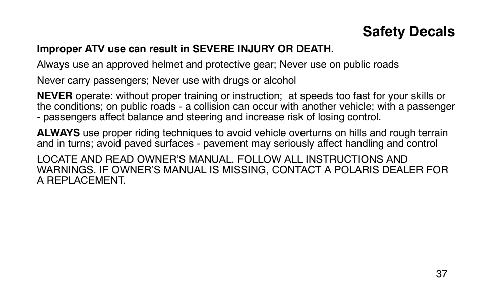Safety decals | Polaris Scrambler 50 User Manual | Page 39 / 186