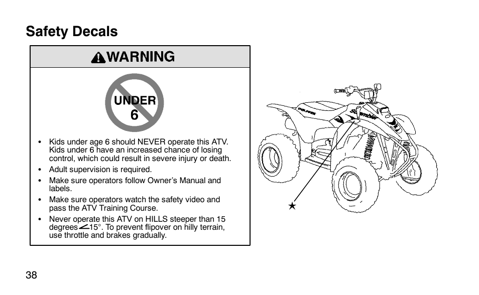Safety decals | Polaris Scrambler 50 User Manual | Page 40 / 186