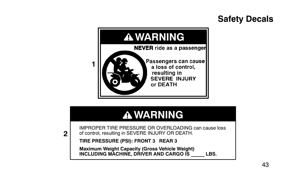 Warning, Safety decals | Polaris Scrambler 50 User Manual | Page 45 / 186