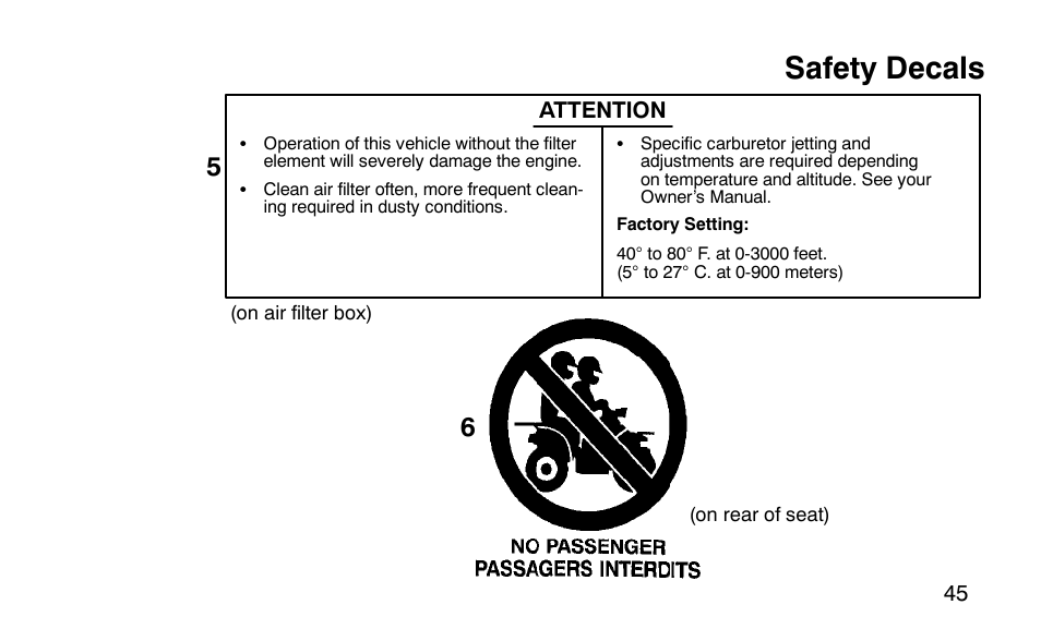 Safety decals | Polaris Scrambler 50 User Manual | Page 47 / 186