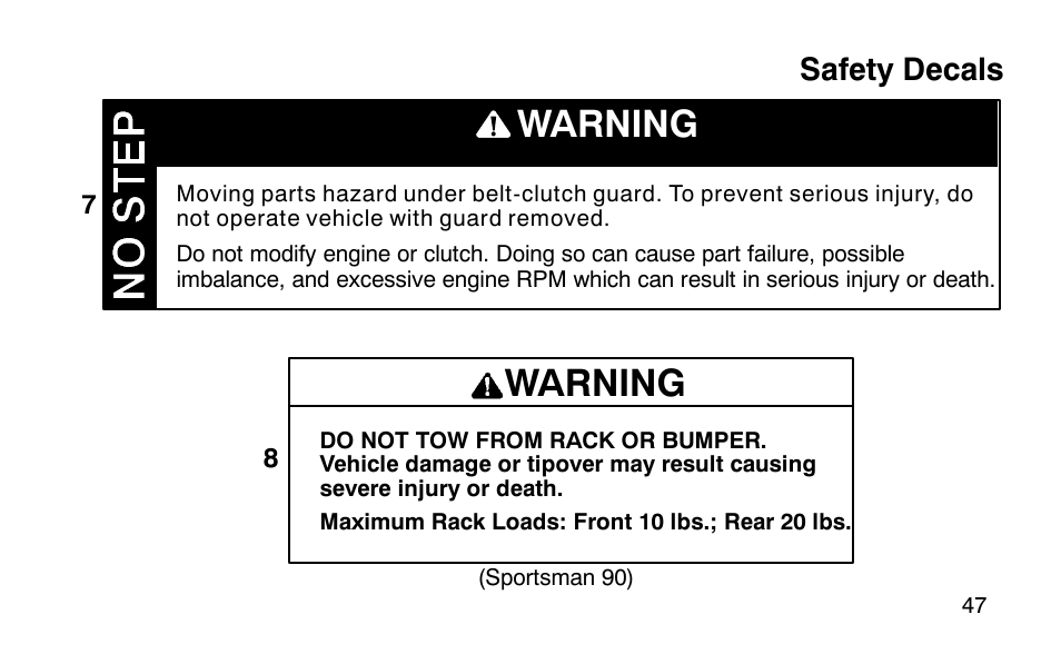Warning | Polaris Scrambler 50 User Manual | Page 49 / 186
