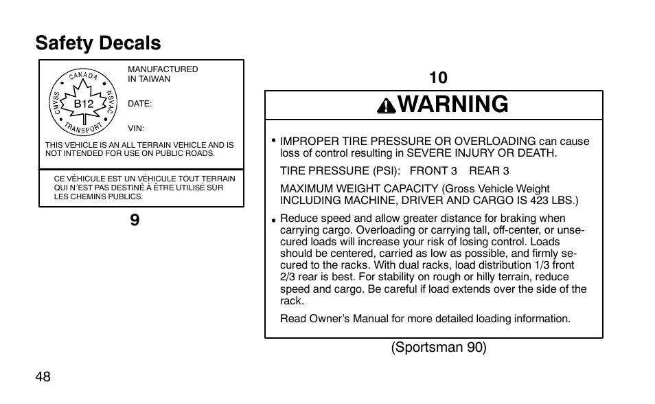 Warning, Safety decals | Polaris Scrambler 50 User Manual | Page 50 / 186