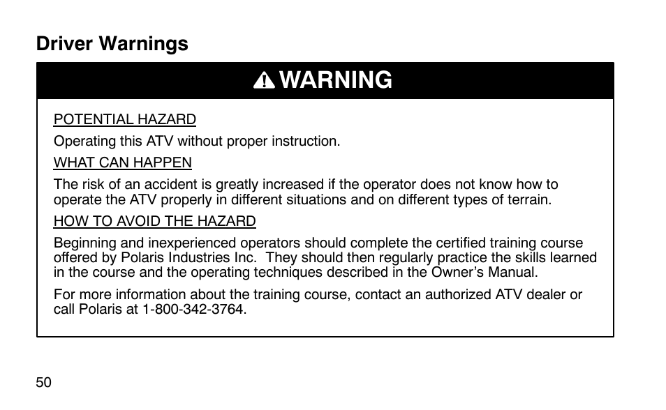 Warning, Driver warnings | Polaris Scrambler 50 User Manual | Page 52 / 186
