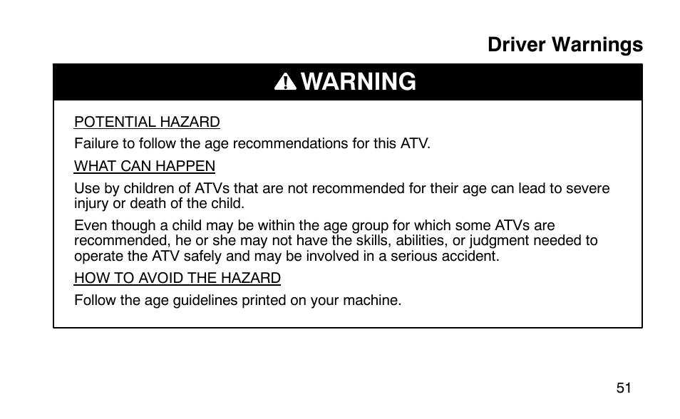 Warning, Driver warnings | Polaris Scrambler 50 User Manual | Page 53 / 186