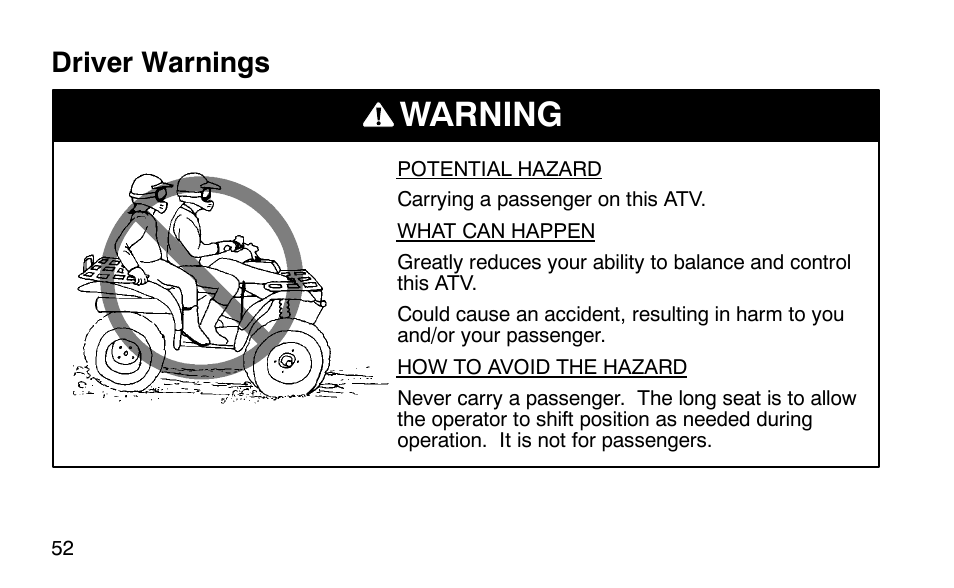 Warning, Driver warnings | Polaris Scrambler 50 User Manual | Page 54 / 186
