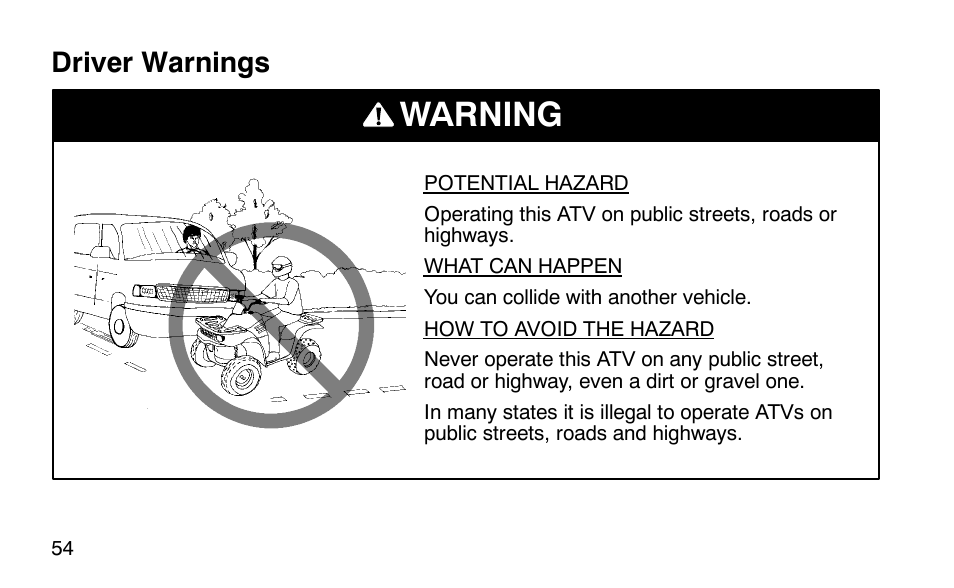 Warning, Driver warnings | Polaris Scrambler 50 User Manual | Page 56 / 186