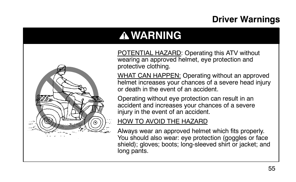 Warning, Driver warnings | Polaris Scrambler 50 User Manual | Page 57 / 186