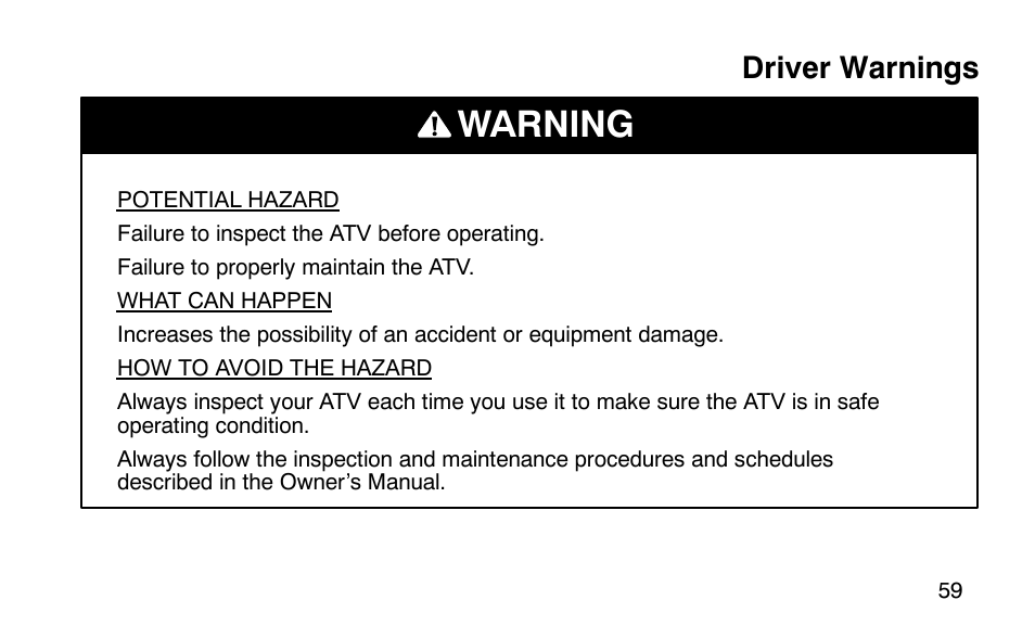 Warning | Polaris Scrambler 50 User Manual | Page 61 / 186