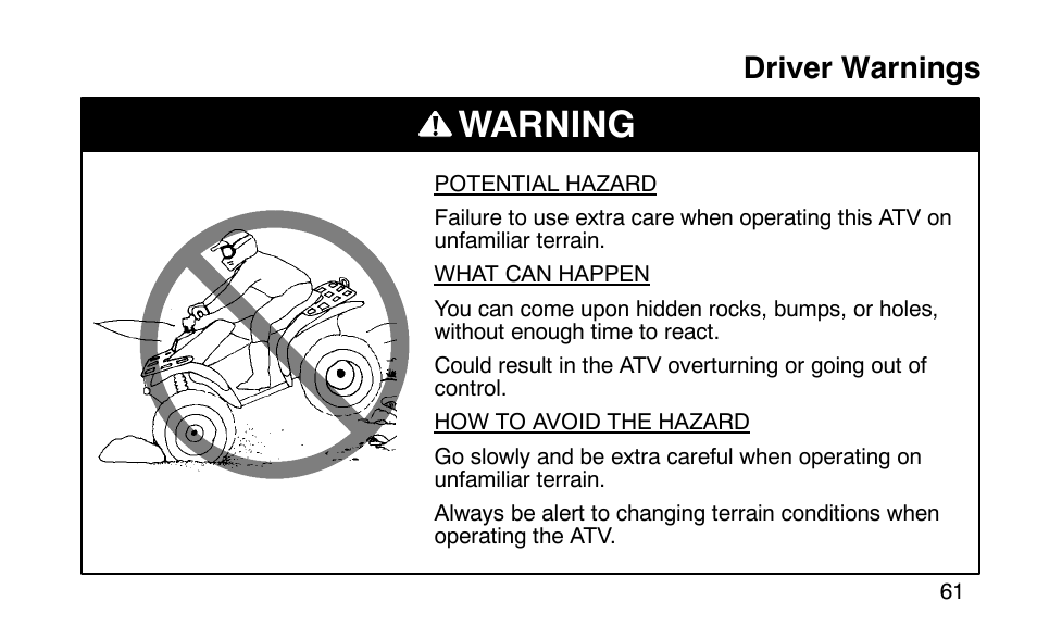 Warning, Driver warnings | Polaris Scrambler 50 User Manual | Page 63 / 186